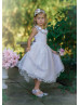 Cap Sleeves Oyster Satin Tulle Sweet Flower Girl Dress With 3D Flowers